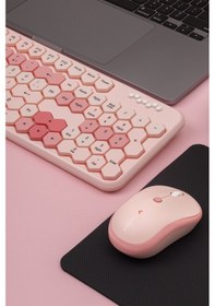 Resim Petek Görünümlü Kablosuz Renkli Klavye Mouse Seti - Retro, Sessiz, Q Türkçe Dizayn Lazer 