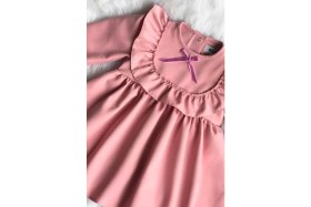 Resim Bertuğ Bebek Fırfır ve Kurdele Detaylı Tasarım Krep Pudra Pembe Kız Çocuk Bebek Elbise 