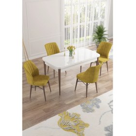 Resim Canisa Concept Nef Serisi 70 x 114 Cm, Açılabilir Mdf Mutfak Masa Takımı, Beyaz Masa Ceviz Ayak, 4 Sandalye 