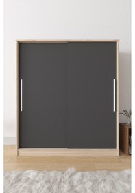 Resim AE-4001 Zambak Sürgülü Dolap Çok Raflı Çekmeceli Askılı Antrasit Gri Gardırop 