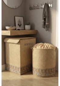 Resim Etnik Jüt Büyük Kutu Ve 1 Adet Etnik Bohem Jüt Fileli Saklama Çamaşır Sepeti 