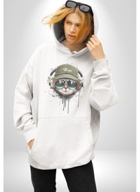 Resim Havalı Pilot Şapkalı Müzik Dinleyen Kedi Kadın Erkek Beyaz Kapüşonlu Sweatshirt Hoodie Beyaz 