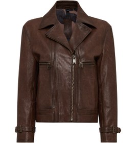 Resim Derimod Paloma Kadın Kahverengi Kruvaze Yaka Oversize Deri Mont 25WGD56082Z 