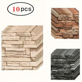 Resim 10 adet Vinil 3D Tuğla ve Ahşap Desenli Duvar Kağıdı - Çıkarılabilir Kendinden Yapışkanlı Köpük Duvar Sticker'ları, Su Geçirmez, Kolay Kurulum, Oturma Odası ve Yatak Odası için Rastgele Eşleşen Desen 
