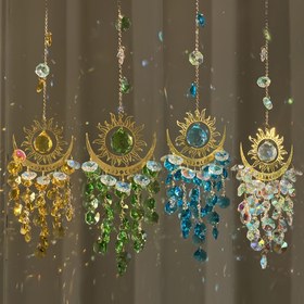 Resim Büyüleyici Kristal Güneş Yakalayıcı Rüzgar Çanı - Şeytan Gözü, Alev, Güneş & Ay Tasarımı - Ev & Yatak Odası Dekoru için Gökkuşağı Yapıcı Cam Pencere Asma 