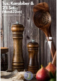 Resim Technojet 2 Adet Doğal Ahşap Karabiber Tuz Kahve Baharat Öğütücü Ahşap Değirmen Tuzluk Biberlik 2li Set 14cm+22cm 2li Set 14cm+22cm 