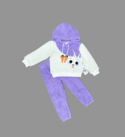 Resim Kışlık Kalın Kumaş Havuç Ve Tavşan Desenli Çocuk Alt Üst Pijama Takımı 