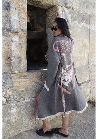 Resim Elif Towels Özel Tasarım Antrasit Renk Kaplan Desenli Kimono Kaftan Antrasit 