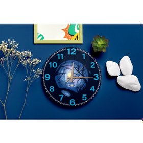 Resim Gece Manzaralı Dekoratif Sessiz Duvar Saati Ay Işığı Tasarım Lacivert 