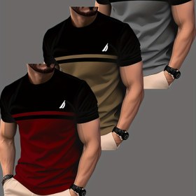 Resim 3 Adet Erkekler İçin Şık 3D Baskılı Tişört - Renk Blok Tasarım, Nefes Alabilen Polyester Karışımı, Günlük ve Spor Stili, Makinede Yıkanabilir, Yuvarlak Yaka, Kısa Kollu, Yazlık Giyim için İdeal, Esnek Polyester Karışım 