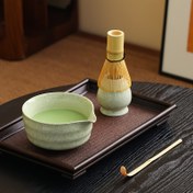 Resim 4'lü Set, Japon Matcha Yeşil Araç Seti, Ağızlı seramik matcha kasesi, matcha karıştırıcı, matcha kaşığı ve seramik karıştırıcı tutacağı dahil, matcha latte içecek yapımı töreni için uygun, matcha severler için hediye 