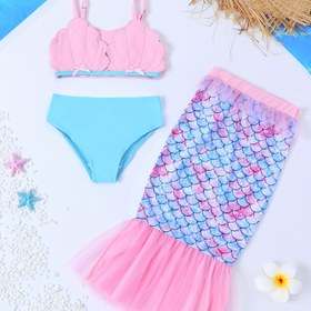 Resim Ayarlanabilir Askılı, Kabuk Nakışlı & Fiyonk Detaylı Şık Kız Bikini Takımı - Balık Pullu Baskılı Mayo ve Denizkızı Kuyruğu Etek Dahil - Esnek, Makinede Yıkanabilir Kumaş 
