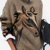 Resim Kadınlar İçin Kalın At Baskılı Kazak - Günlük Yuvarlak Yaka Uzun Kollu Süveter, Toprak Tonları, Sonbahar/Kışlık Rahat Kesim, Sıcacık ve Konforlu Kumaş 