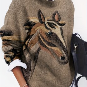 Resim Kadınlar İçin Kalın At Baskılı Kazak - Günlük Yuvarlak Yaka Uzun Kollu Süveter, Toprak Tonları, Sonbahar/Kışlık Rahat Kesim, Sıcacık ve Konforlu Kumaş 