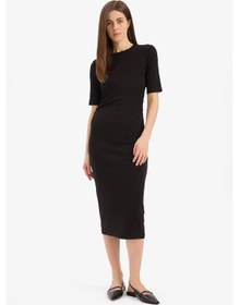 Resim DeFacto Bodycon Vücudu Saran Bisiklet Yaka Basic Düz Ribana Kısa Kollu Midi Elbise E6003AX25SPBK81 