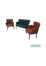 Resim Garden House Haki Yeşil Tarçın Taba Kahve Renk Deri Ahşap Ayaklı Kollu Ofis Koltuk Takımı Bekleme Büro Yeşil Taba Taba - Yeşil 
