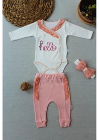 Resim 3-6 6-9 9-12 Ay Hello Nakışlı Kruvaze Bandanalı Uzun Kollu Zıbınlı 3lü Kız Bebek Takımı Somon Somon 