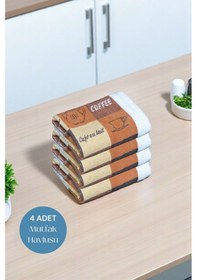Resim 4lü Paket Baskılı Beyaz Mutfak Havlusu Modeli Cafe Espresso 