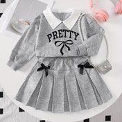 Resim 2'li Kız Çocuk Preppy Tarzı Kombin - "PRETTY" Yazılı Gri Uzun Kollu Gömlek & Pileli Etek, Diz Boyu Günlük Spor Giyim, Bol Kesim, Tüm Sezon Giyilebilir, Açık Hava Aktiviteleri İçin Mükemmel, Günlük Spor Giyim|Preppy Tarzı|Esnek Kumaş, Dış Mekan İçin, Kız Çocuk Etekleri, Kız Çocuk Elbiseleri, Kız Çocuk Elbisesi, Kız Çocuk Kombini Sonbahar İçin, Kız Çocuk Okul Kıyafetleri, Kız Çocuk Eteği, Okulda Kız Çocuk Eteği, Kız Çocuk Okul Kıyafetleri, Kız Çocuk Elbisesi, Kız Çocuk Kışlık Kombini 