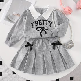 Resim 2'li Kız Çocuk Preppy Tarzı Kombin - "PRETTY" Yazılı Gri Uzun Kollu Gömlek & Pileli Etek, Diz Boyu Günlük Spor Giyim, Bol Kesim, Tüm Sezon Giyilebilir, Açık Hava Aktiviteleri İçin Mükemmel, Günlük Spor Giyim|Preppy Tarzı|Esnek Kumaş, Dış Mekan İçin, Kız Çocuk Etekleri, Kız Çocuk Elbiseleri, Kız Çocuk Elbisesi, Kız Çocuk Kombini Sonbahar İçin, Kız Çocuk Okul Kıyafetleri, Kız Çocuk Eteği, Okulda Kız Çocuk Eteği, Kız Çocuk Okul Kıyafetleri, Kız Çocuk Elbisesi, Kız Çocuk Kışlık Kombini 