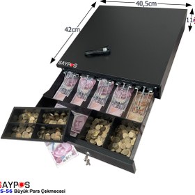 Resim SAYPOS 5 Geniş Kağıt Para Gözlü Verifone MX915 Yazarkasa Uyumlu Manuel Büyük Para Çekmecesi 40,5x42x11cm 