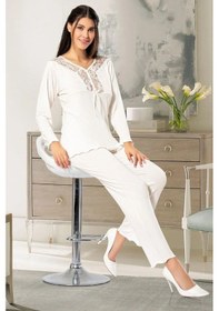 Resim Faal 8611 Kadın Uzun Kollu Dantel Detaylı Pijama Takımı-ekru Ekru 