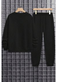 Resim Uyguntarz Unisex Draw Bear Baskılı Bisiklet Yaka Sweatshirt - 2'li Eşofman Takımı Siyah 
