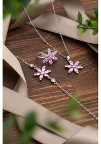 Resim 925 Ayar Pembe Taşlı Rodyum Lotus Çiçeği 3'lü Gümüş Set Gümüş 