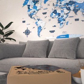 Resim Renkli Baskılı Ahşap Dünya Haritası (Navy) - 300x187 cm / İngilizce 