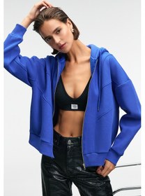Resim Grimelange VYSELLE Kadın Önü Kesikli Metal Fermuarlı Kapüşonlu Etiket Detaylı Oversize Mavi Sweatshirt 