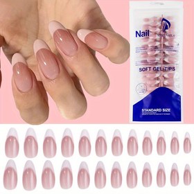 Resim 120 adet Almond Şekilli Nude Pembe Renkli Fransızca Basınçlı Tırnak ile Beyaz Kenar, Tam Kapak Parlak Bitiş Orta-Boy Yumuşak Jel Almond Tırnak Uçları, Kolay Uygulama Giyilebilir Sahte Tırnaklar, Kadınlar için Uygun DIY Manikür 