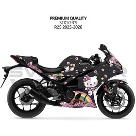 Resim Yamaha R25 Hello Kitty Kaplama Sticker Motor Kaplama Modeli Hazır Kit 2025 / 2026 Uyumlu Siyah 
