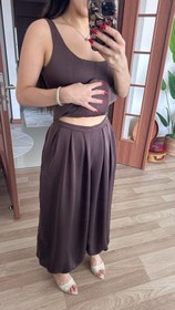 Resim Saten dokulu tasarım kahve şalvar pantolon - XL 