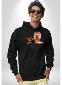 Resim Yorkshire Teacup Ve Anne Köpek Kadın Erkek Siyah Kapüşonlu Sweatshirt Hoodie Siyah 