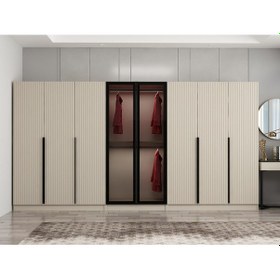 Resim Kale Plus 8 Mebran Kapaklı 4 Çekmeceli Dolap Kumtaşı Mebran Füme Cam 190cm Bej 