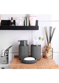 Resim Lines Serisi Gri Banyo Seti, 3 Parça Oval Akrilik Sabunluk Fırçalık ve Sıvı Sabunluk Takımı - 3319 