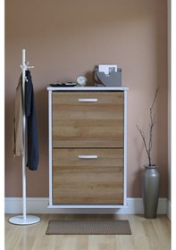 Resim Eliusta Holen Meşe Renk Ayakkabılık 2 Düşer Kapak 52 Cm Genişlik Kapı Önü Asma Ayakkabılık 52x74x26 Cm Meşe 