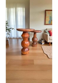 Resim Ahşap Mantar Sehpa Takımı 2 Li Fındık Renk Yan Sehpa 