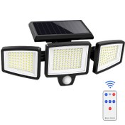 Resim 2'li Paket/1 Paket Solar Dış Mekan Işığı 210 LED Güvenlik Lambası Uzaktan Kumandalı, Üç Başlıklı Hareket Sensörlü Işık, 270° Geniş Açılı Sel Duvar Lambası, Paslanmaz, 3 Mod 