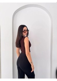 Resim Linum Kadın Vatkalı Kolsuz V Yaka Drapeli Crop Bluz Likralı Fit - Kahverengi Kahve 