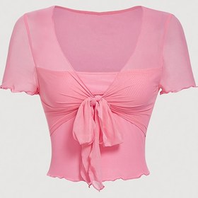 Resim Kadınların Seksi V-Yaka Tişörtü, Şeffaf Mesh ve Kurdele Detayı, Poliamid Örgü Kumaş, Yaz Kısa Kollu Üst - 94% Poliamid, 6% Elastan, 100 g/m² 