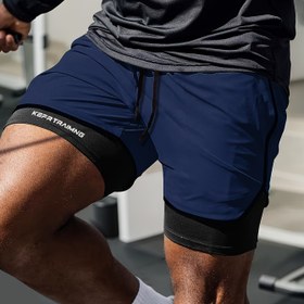Resim Erkek Yazlık Atletik Şortlar - Hızlı Kuruyan, Elastik Bel ve İpli, Lacivert & Siyah Beyaz Vurgularla, Polyester/Elastan Karışımı, Koşu, Atletizm ve Maraton Antrenmanları için İdeal 