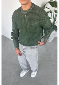 Resim Haki Acid Wash Fitilli Oversize Triko Kazak Haki 