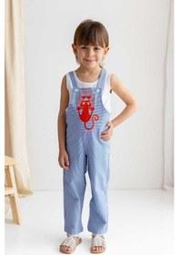 Resim Oliven The Kid Oliventhekid 100% Pamuklu Gabardin Licra Mavi Beyaz Çizgili Kedi Nakışlı Kız Çocuk Salopet Mavi Mavi 