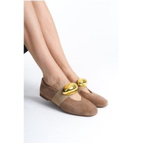 Resim Mubiano Hakiki Deri Collection Kadın Gold Toka Detaylı Süet Babet Bej - Mcrgn8037 - Bj Bej 