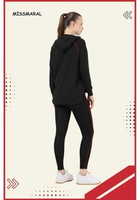 Resim Kadın Eşofman Takım Siyah Üst Tunik & Siyah Regular Fit Lycralı Tayt Dalgıç Kumaş Aktif Spor 3060 Siyah Kırmızı Şeritli 