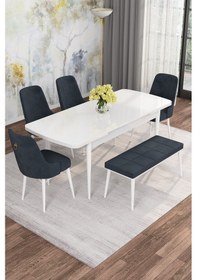 Resim Jusie Beyaz 80x132 Açılabilir Sunta Masa Yemek Odası Takımı, Mutfak Takımı 4 Adet Sandalye, 1 Bench Antrasit 