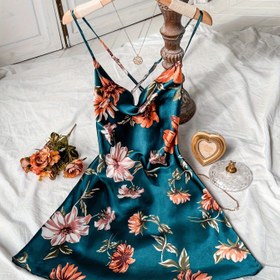 Resim Çiçek Desenli Saten Gecelik, Seksi Balıkçı Yaka Arkası Açık Çapraz Askılı Elbise, Kadınlar için Pijama 