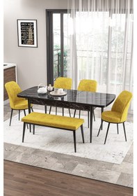 Resim Canisa Zen Serisi 80x132 Mdf Açılabilir Siyah Mermer Desen Masa Takımı 4 Hardal Sandalye Ve 1 Bench Masa Siyah Sandalyeler Hardal Sarısı 
