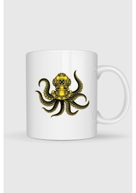 Resim Steampunk Octopus Dalgıç Başlığı Baskılı Kupa Bardak Beyaz 